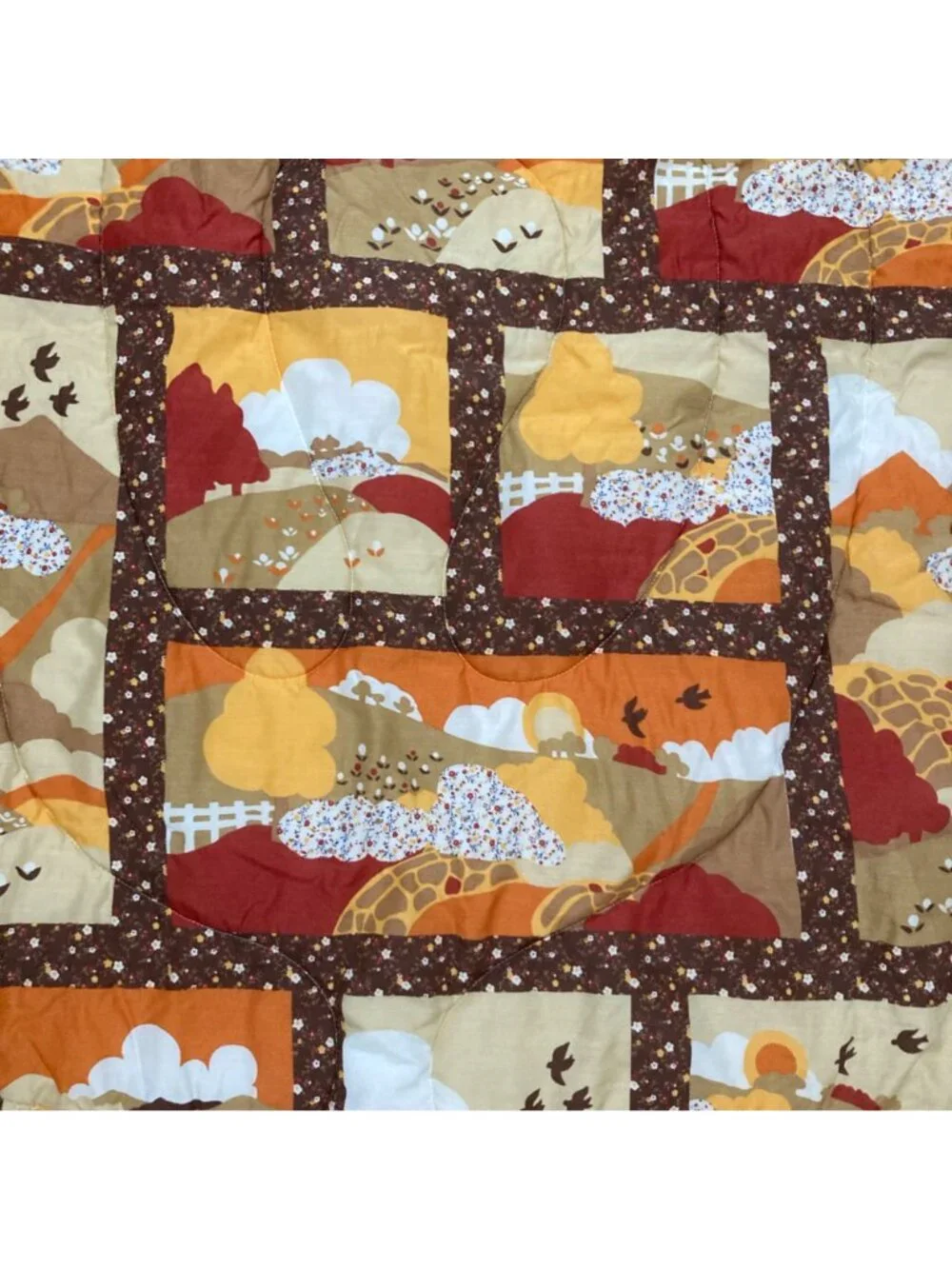 Vintage 1970's Design Comforter With Autumn Scenic Patchwork Pattern 83